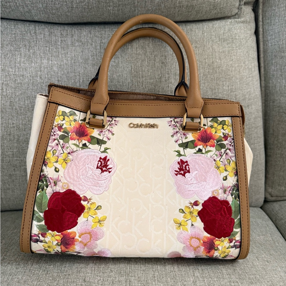 Calvin Klein Floral Embroidered Tan and Cream Satchel
